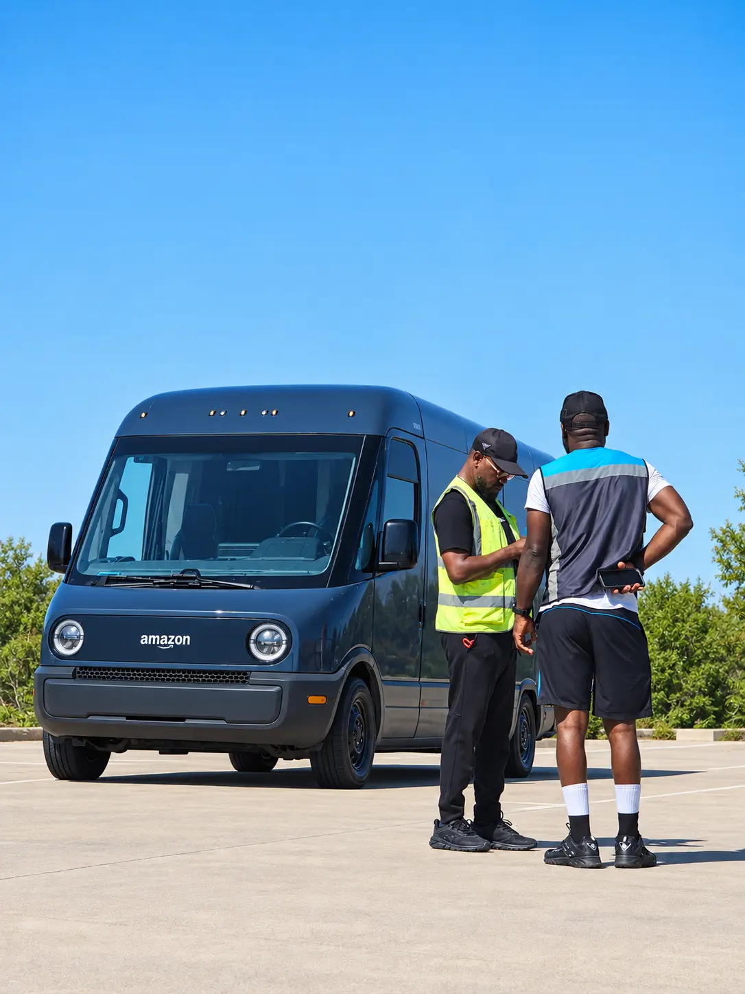 A Micaramy leader coaching a delivery associate beside a Rivian van